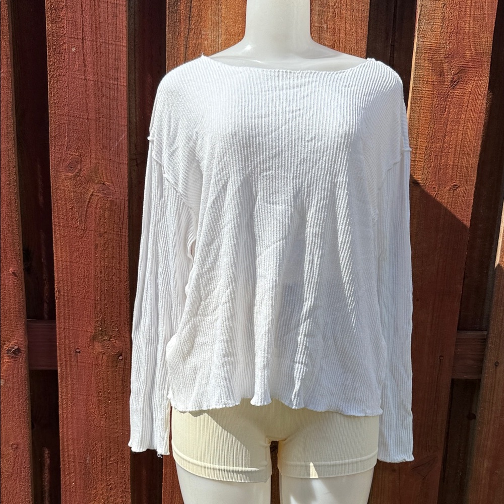 White Ribbed Women's Long Sleeve Top Size L